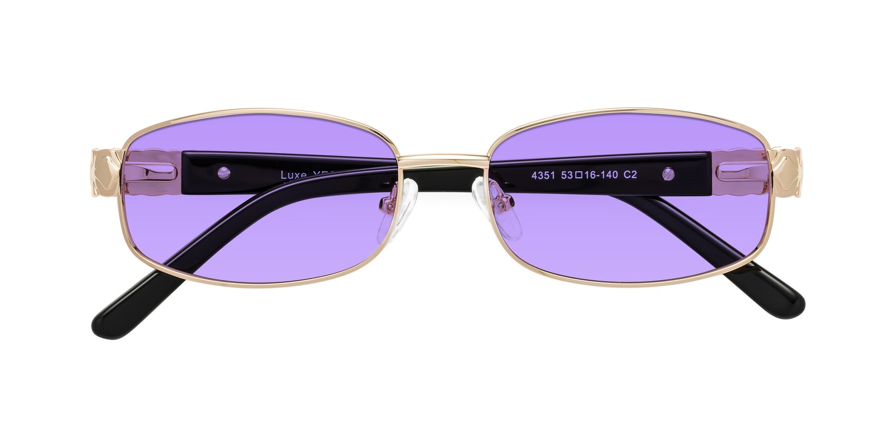 Folded Front of Luxe in Rose Gold with Medium Purple Tinted Lenses