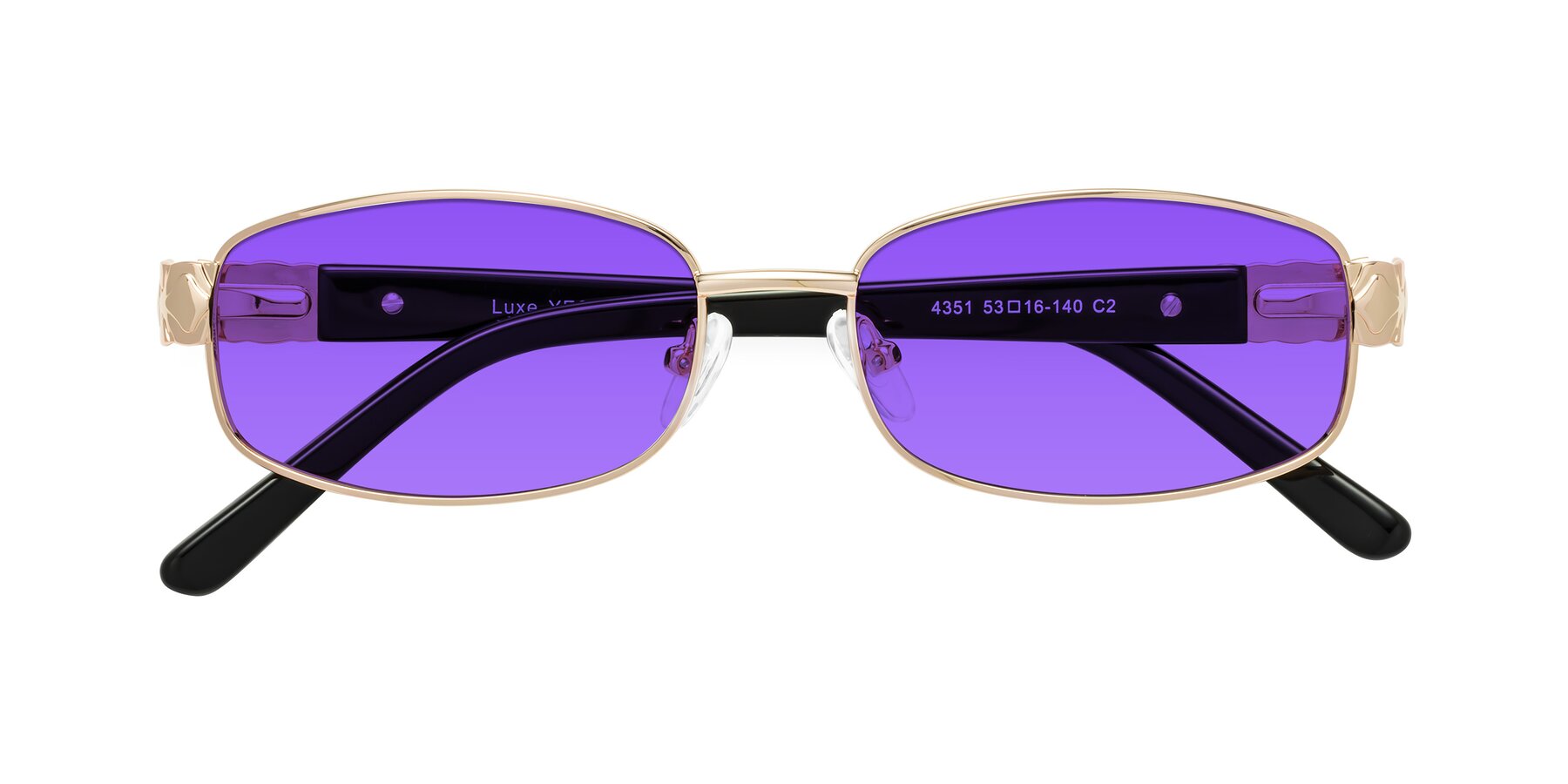 Folded Front of Luxe in Rose Gold with Purple Tinted Lenses