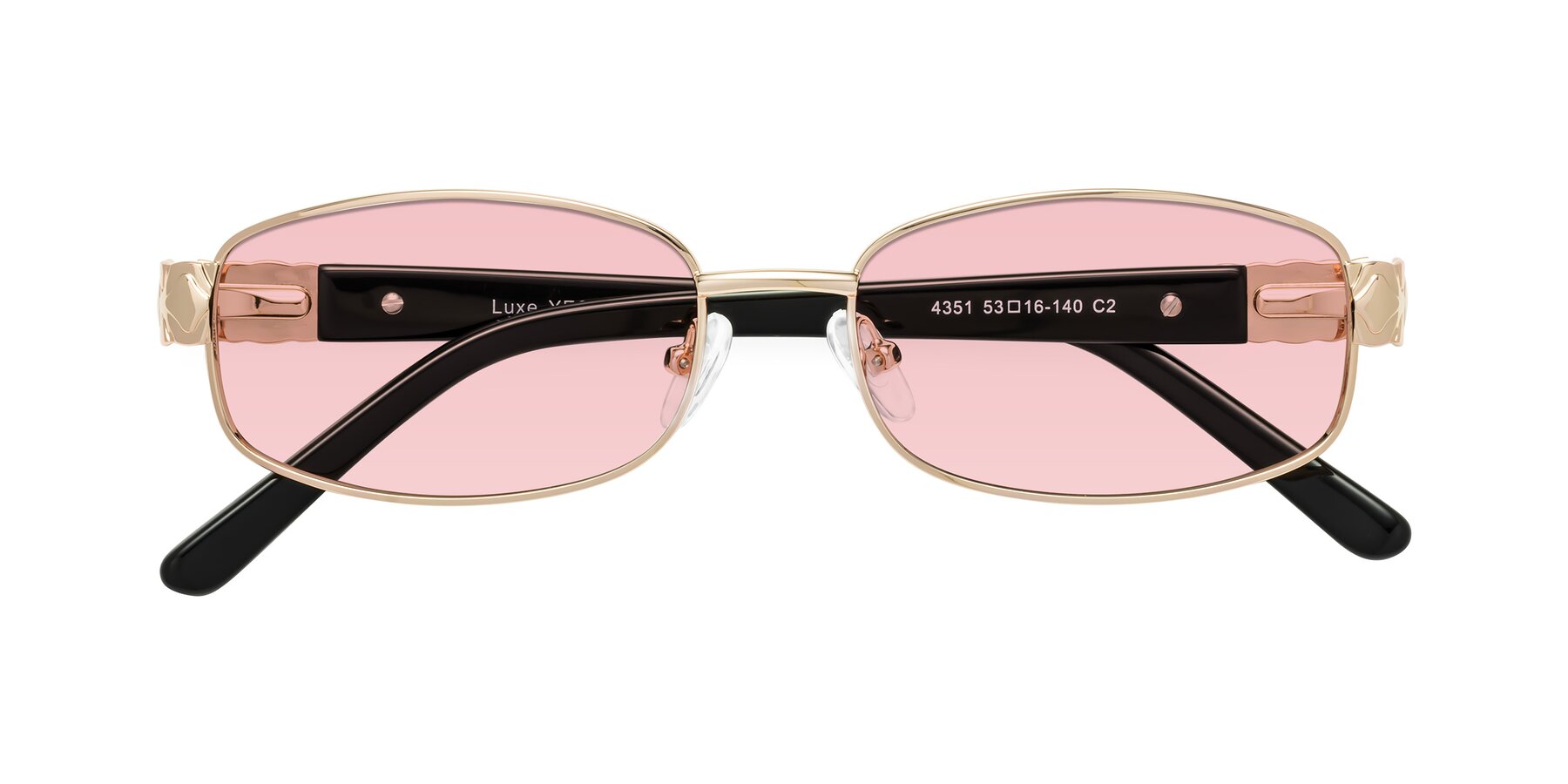 Folded Front of Luxe in Rose Gold with Light Garnet Tinted Lenses