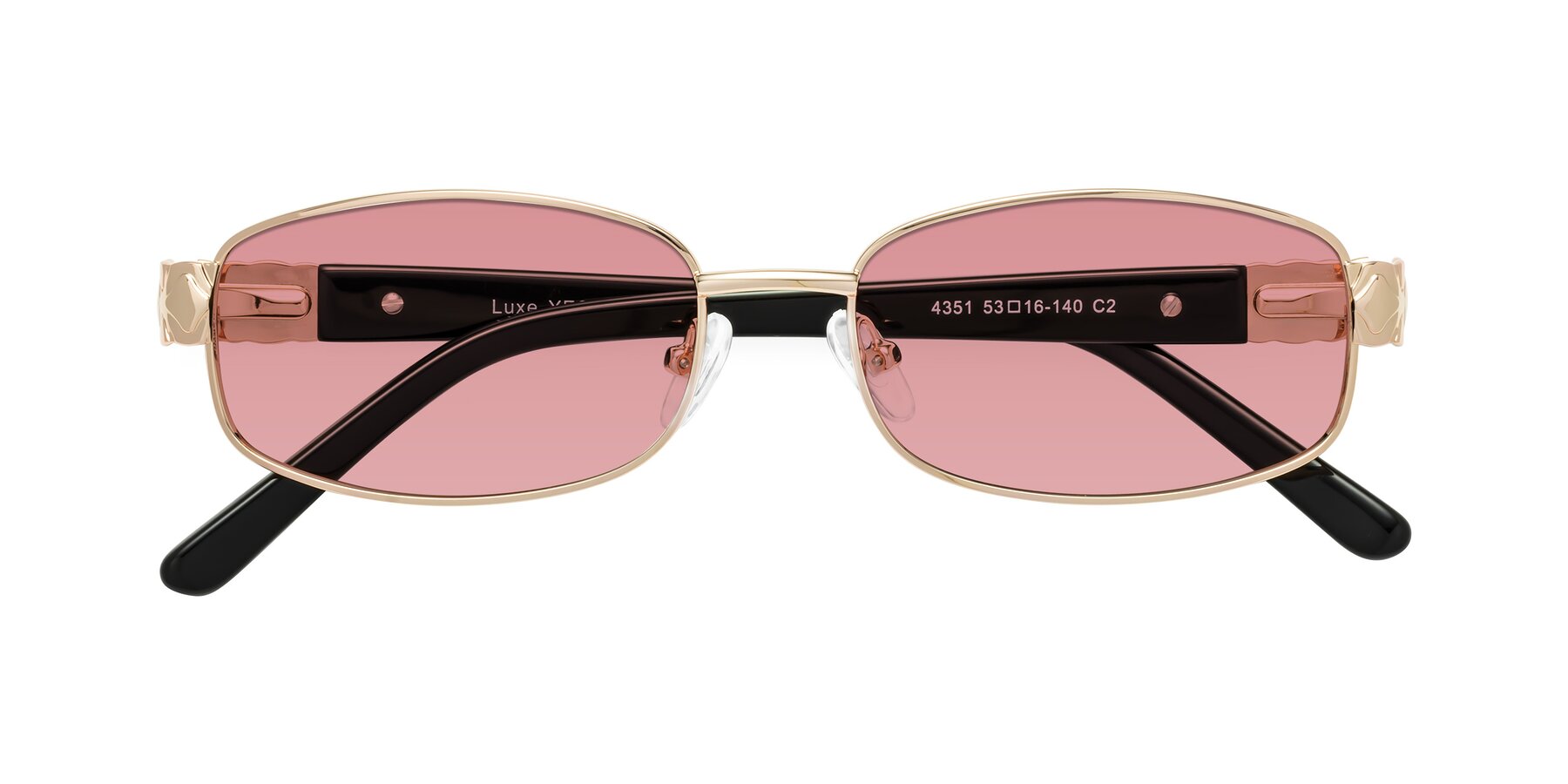 Folded Front of Luxe in Rose Gold with Medium Garnet Tinted Lenses