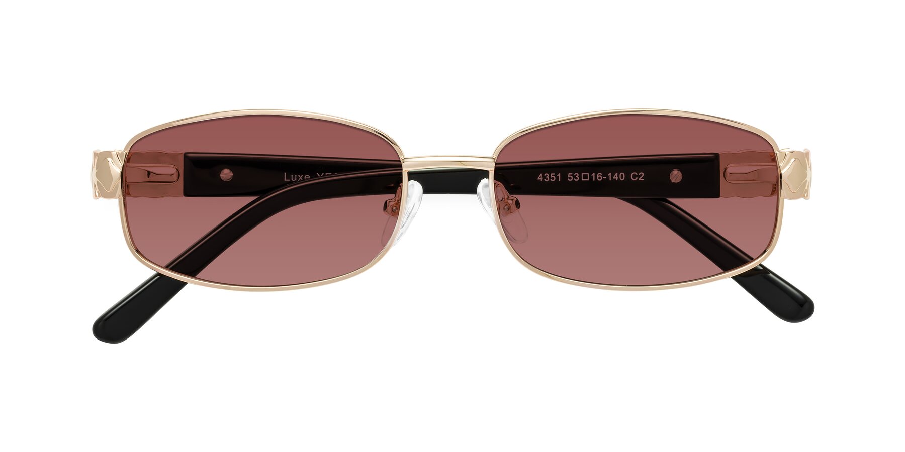 Folded Front of Luxe in Rose Gold with Garnet Tinted Lenses