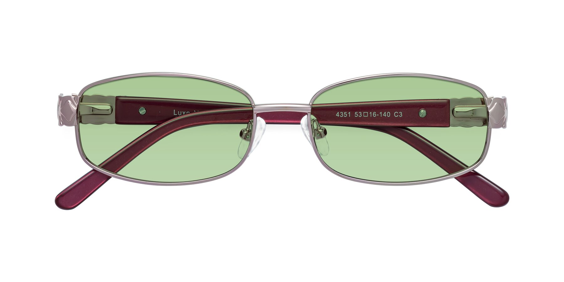 Folded Front of Luxe in Light Pink with Medium Green Tinted Lenses