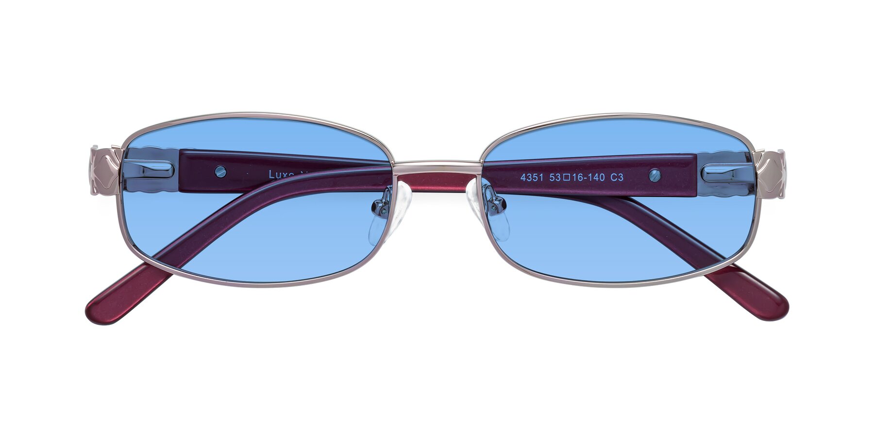 Folded Front of Luxe in Light Pink with Medium Blue Tinted Lenses