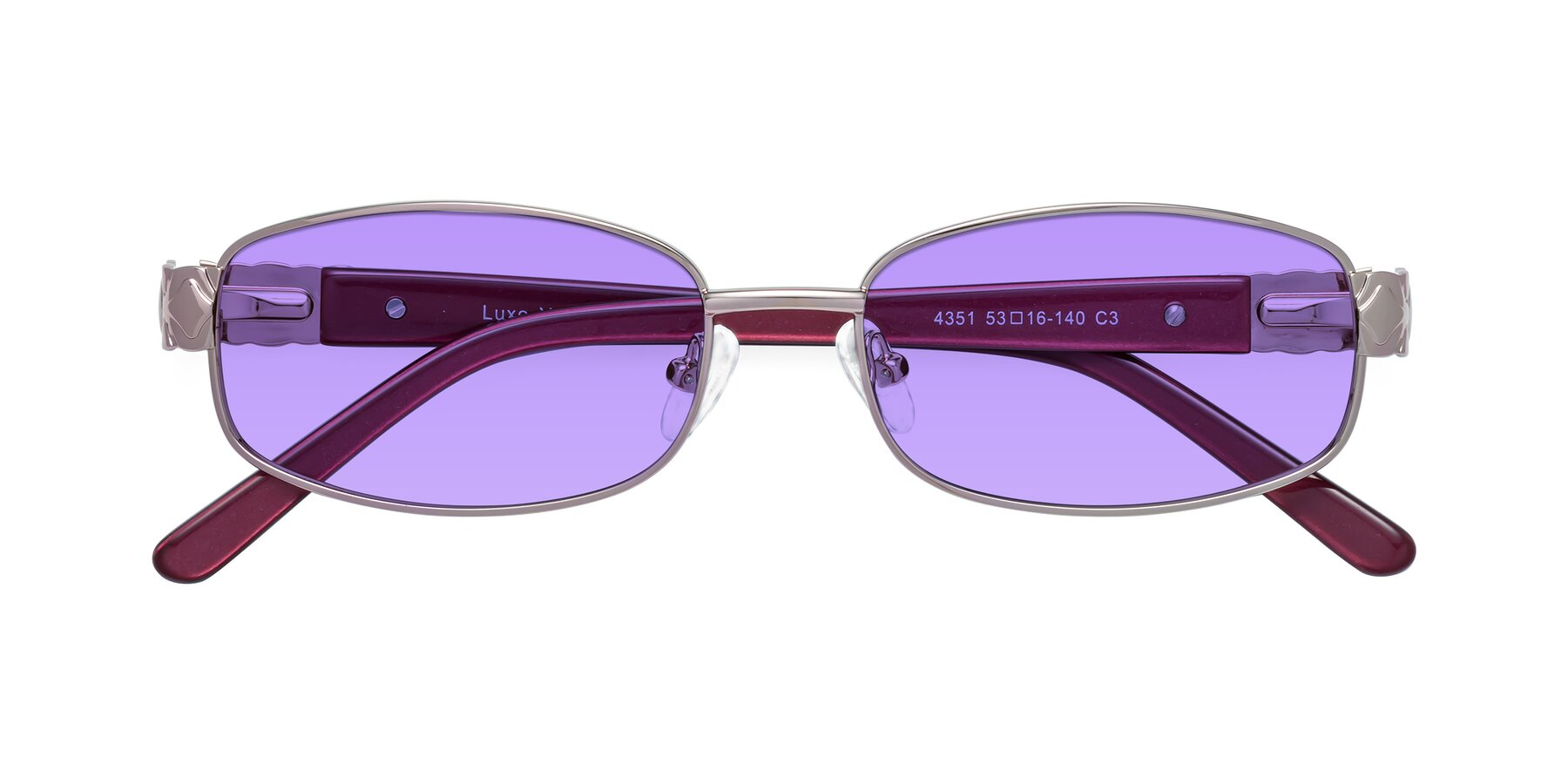 Folded Front of Luxe in Light Pink with Medium Purple Tinted Lenses