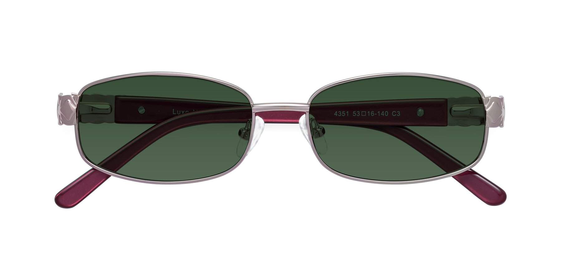 Folded Front of Luxe in Light Pink with Green Tinted Lenses