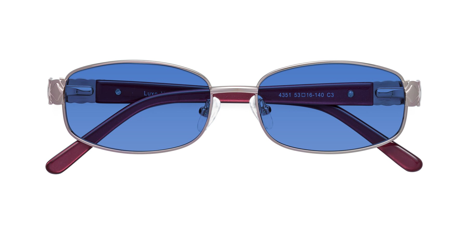 Folded Front of Luxe in Light Pink with Blue Tinted Lenses