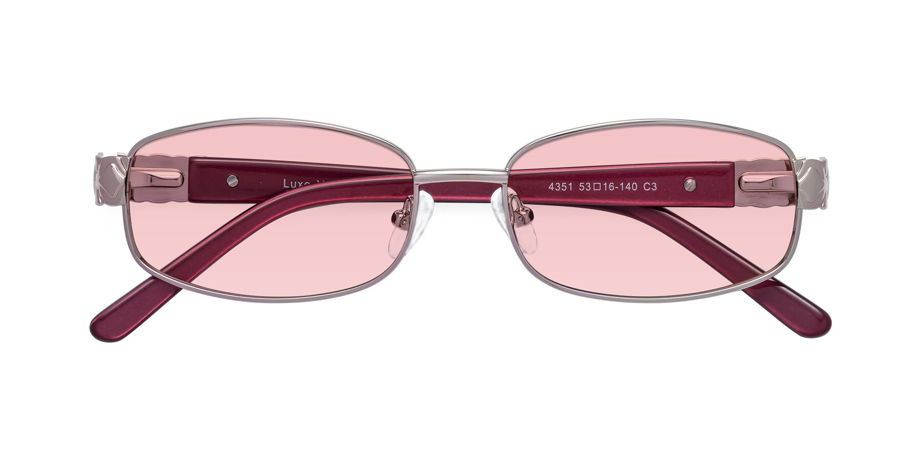 Folded Front of Luxe in Light Pink with Light Garnet Tinted Lenses