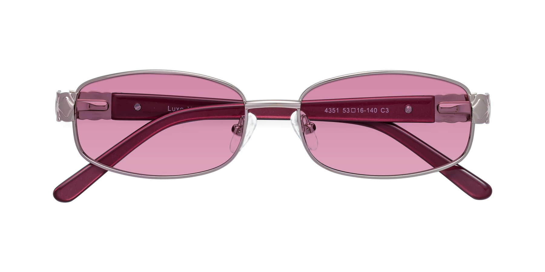 Folded Front of Luxe in Light Pink with Medium Wine Tinted Lenses