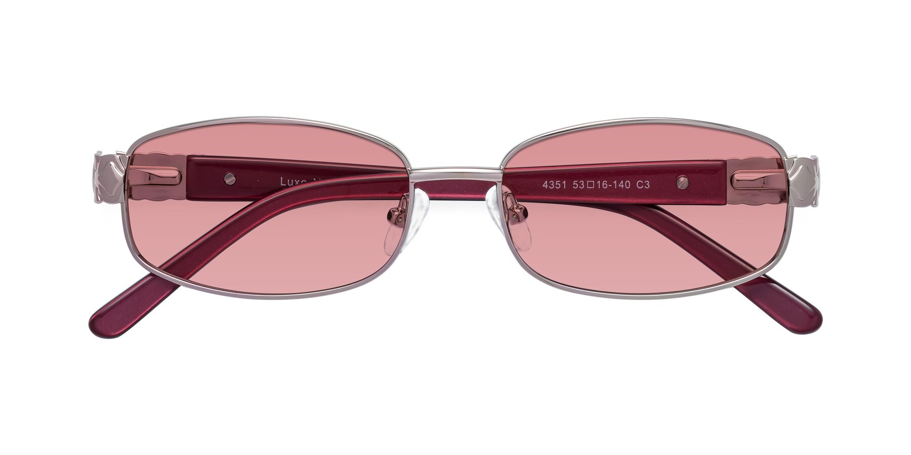 Folded Front of Luxe in Light Pink with Medium Garnet Tinted Lenses