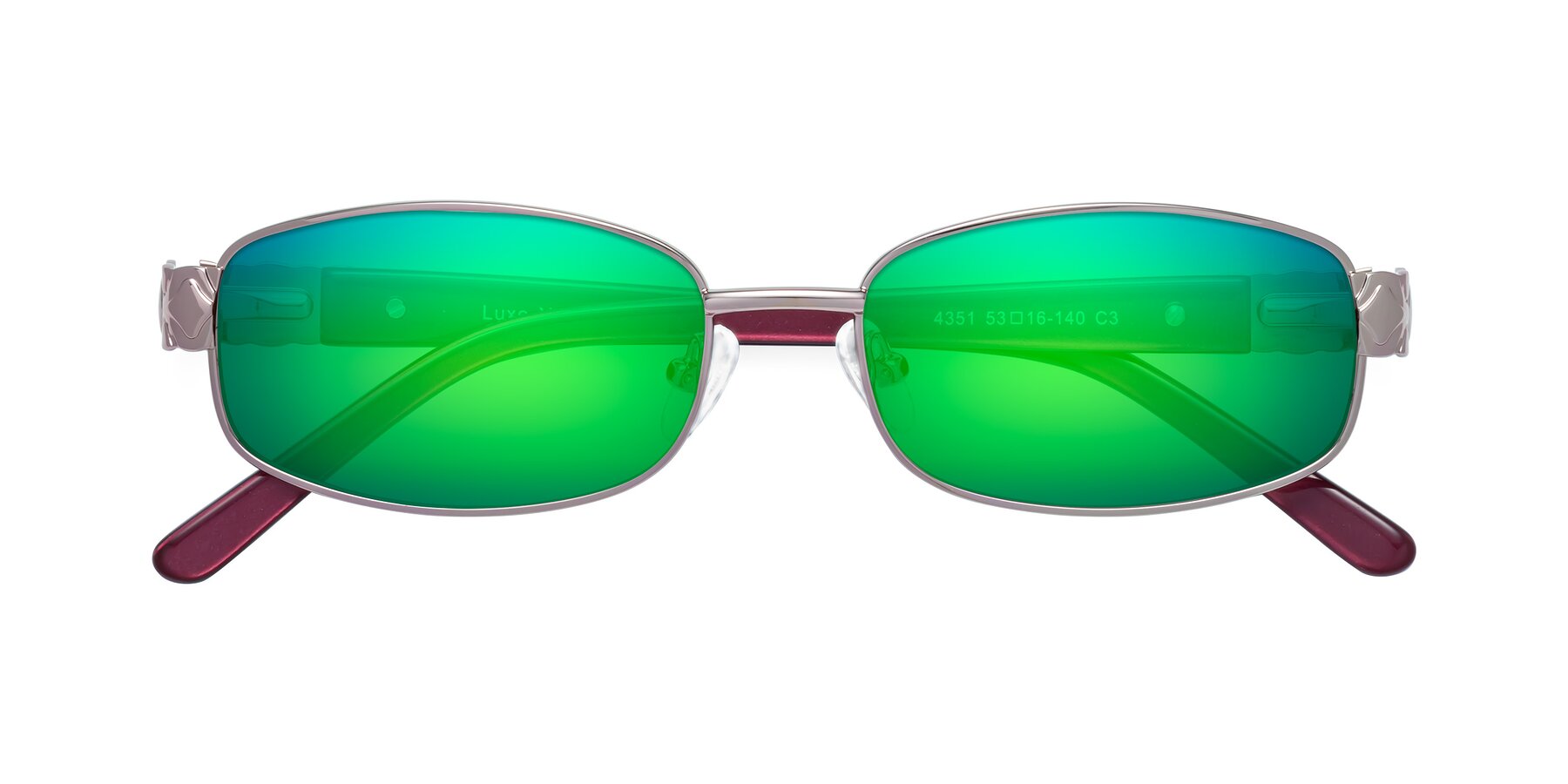 Folded Front of Luxe in Light Pink with Green Mirrored Lenses