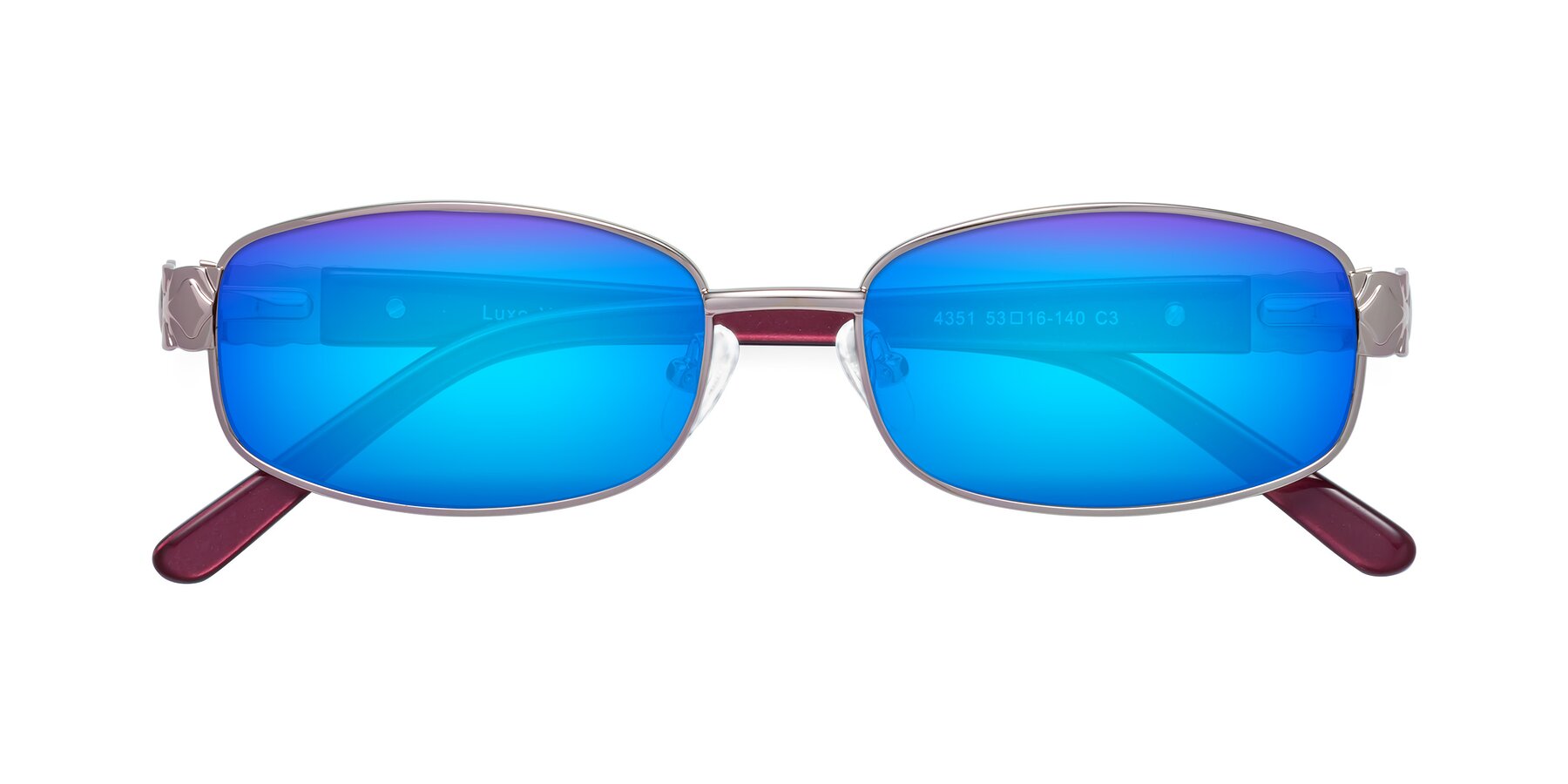 Folded Front of Luxe in Light Pink with Blue Mirrored Lenses