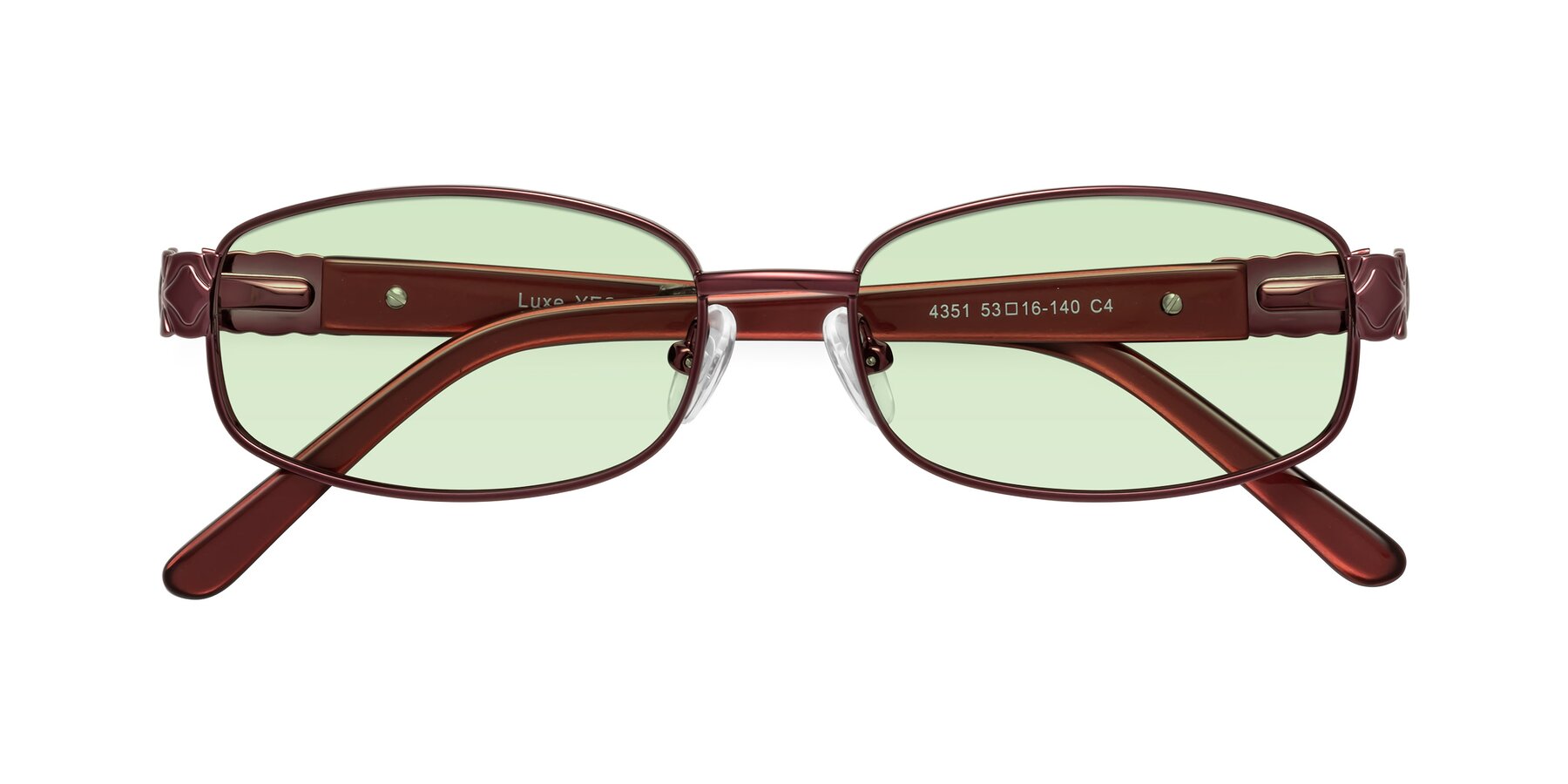 Folded Front of Luxe in Wine with Light Green Tinted Lenses