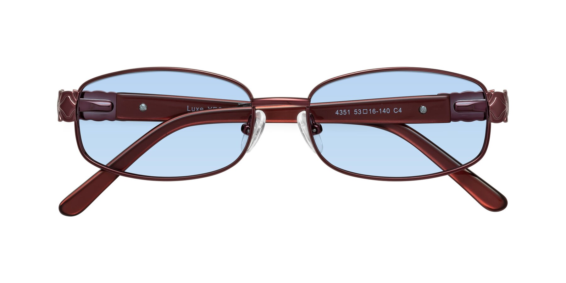 Folded Front of Luxe in Wine with Light Blue Tinted Lenses