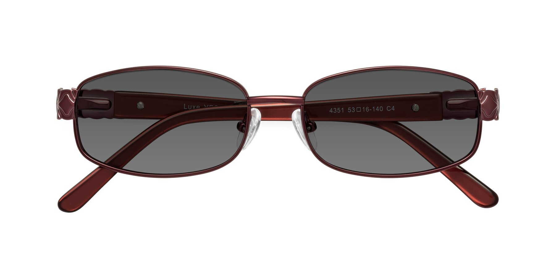 Folded Front of Luxe in Wine with Medium Gray Tinted Lenses