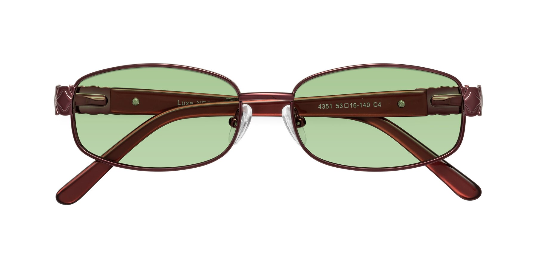 Folded Front of Luxe in Wine with Medium Green Tinted Lenses