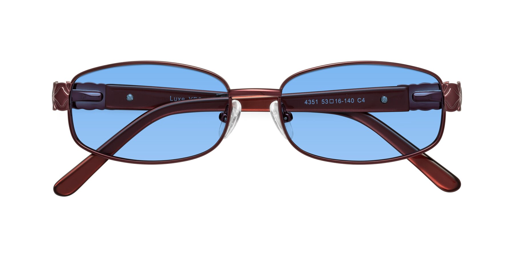 Folded Front of Luxe in Wine with Medium Blue Tinted Lenses