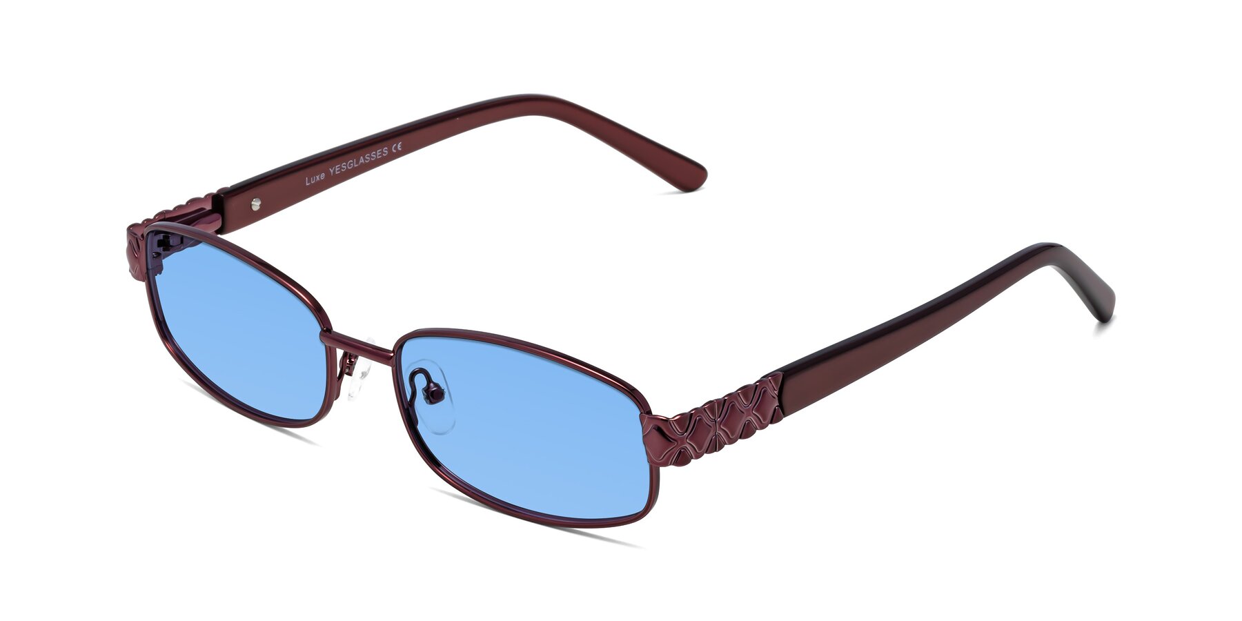 Angle of Luxe in Wine with Medium Blue Tinted Lenses