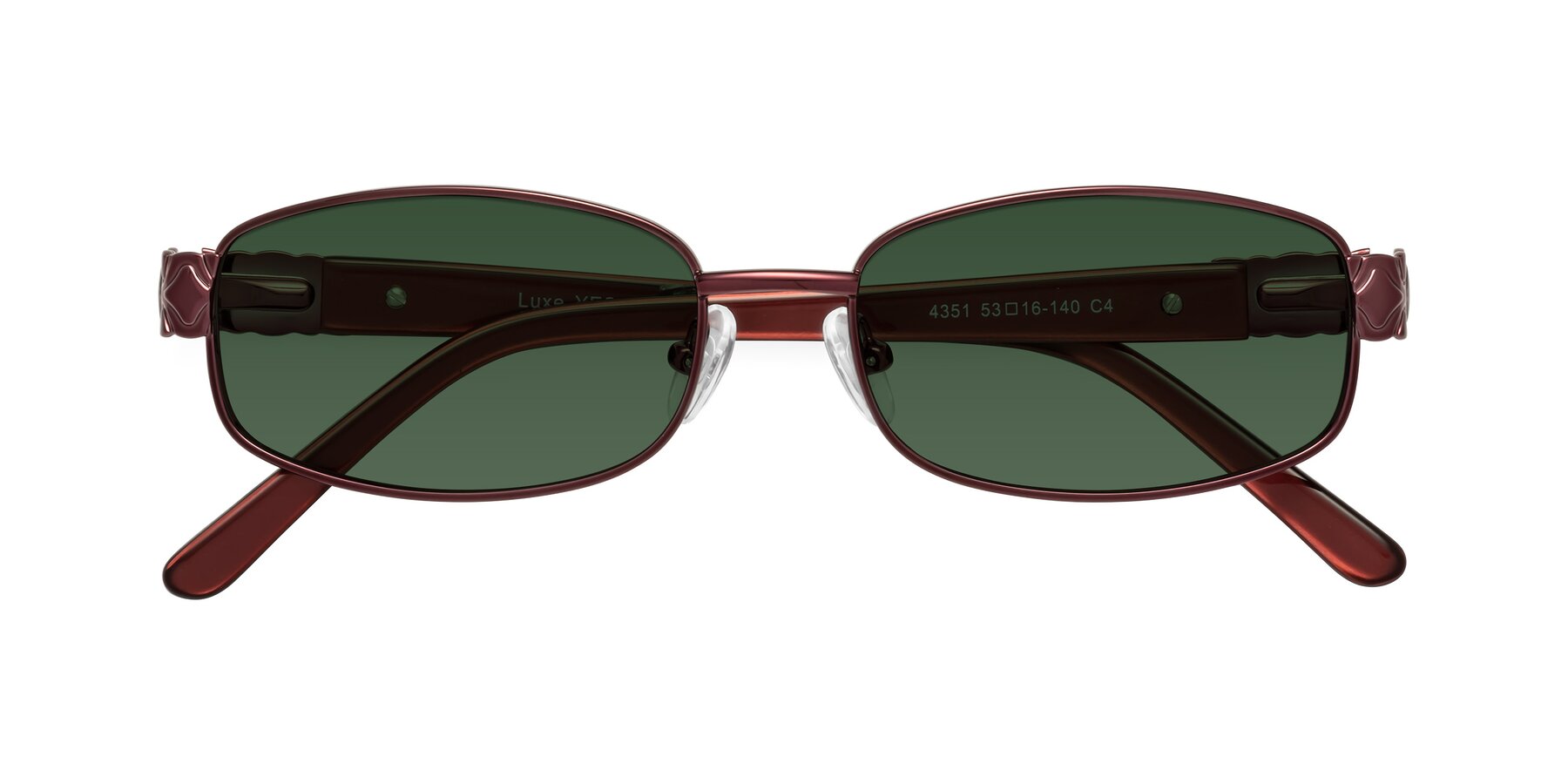 Folded Front of Luxe in Wine with Green Tinted Lenses