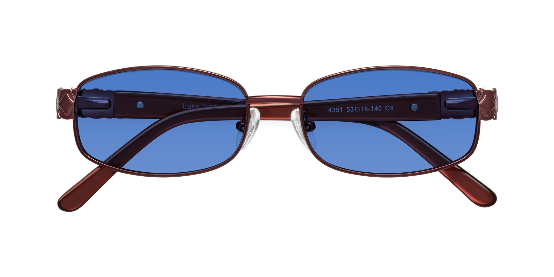 Folded Front of Luxe in Wine with Blue Tinted Lenses