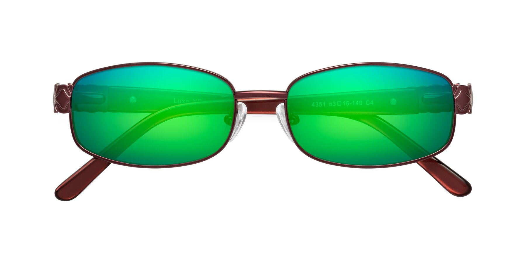 Folded Front of Luxe in Wine with Green Mirrored Lenses