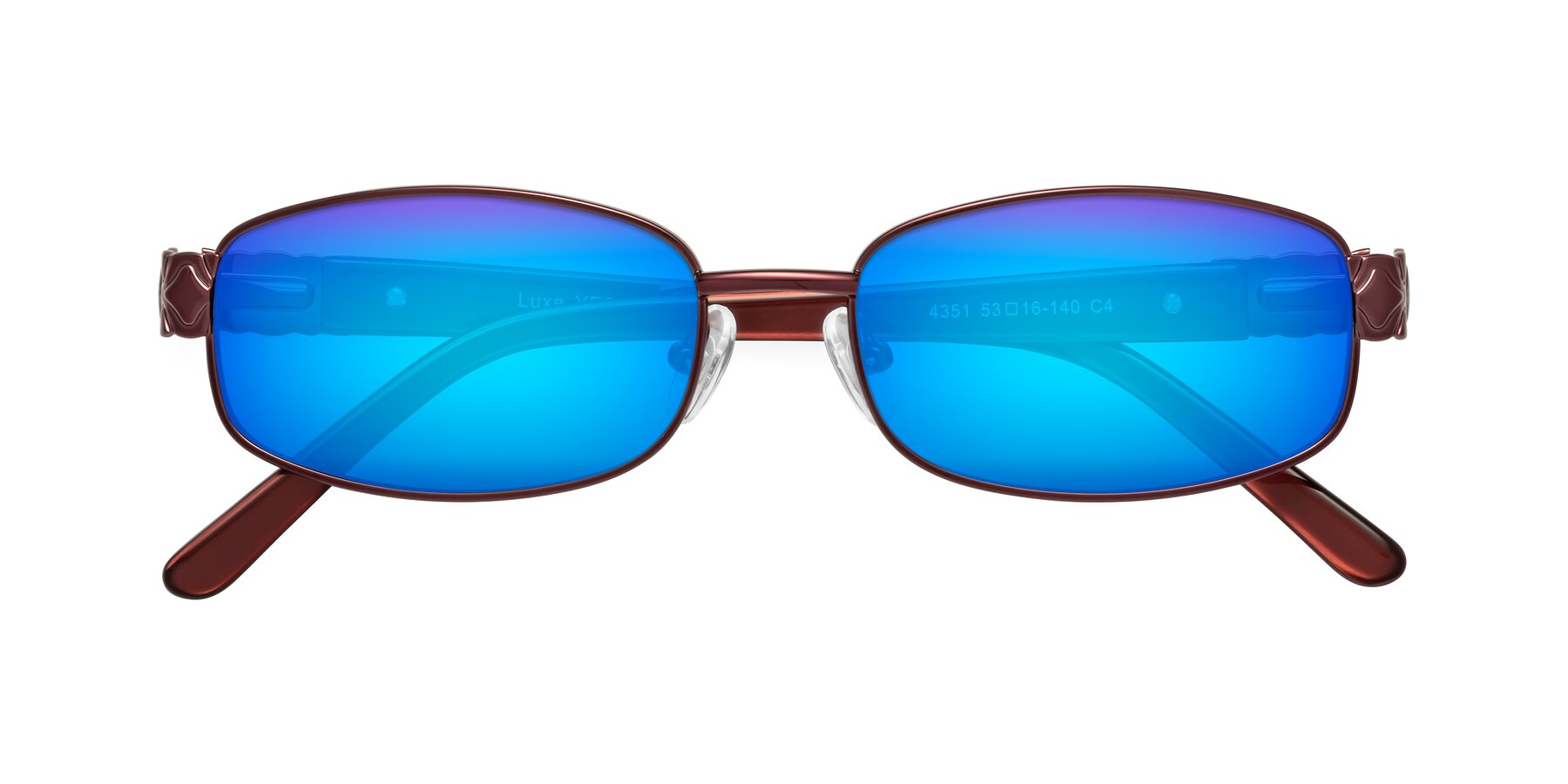 Folded Front of Luxe in Wine with Blue Mirrored Lenses