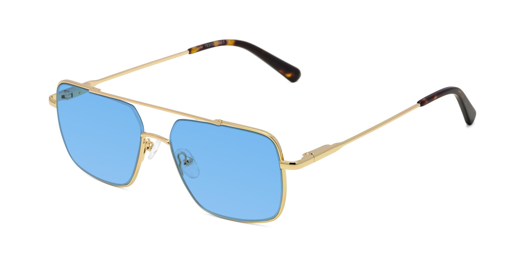 Angle of Jever in Gold with Medium Blue Tinted Lenses