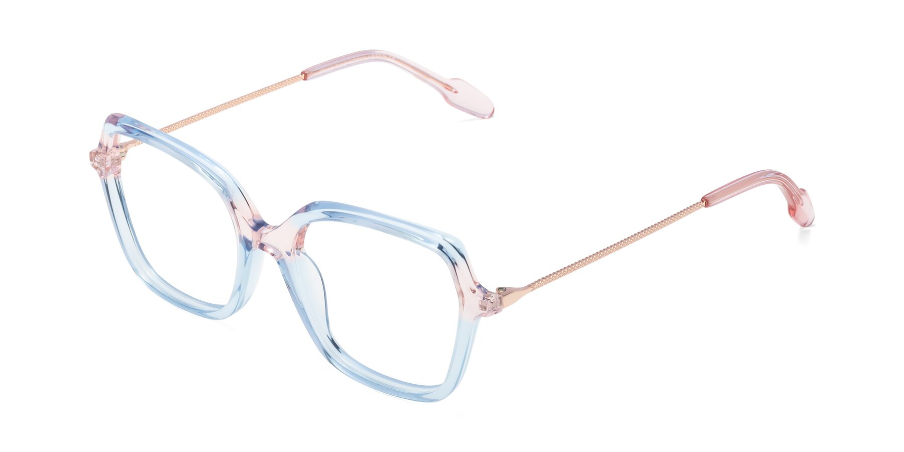 Angle of Happyland in Blue-Pink with Clear Reading Eyeglass Lenses