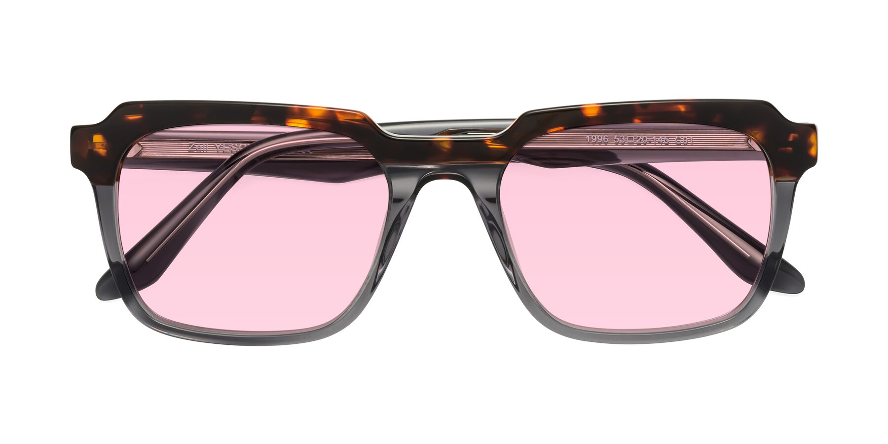 Folded Front of Zell in Tortoise/Gray with Light Pink Tinted Lenses