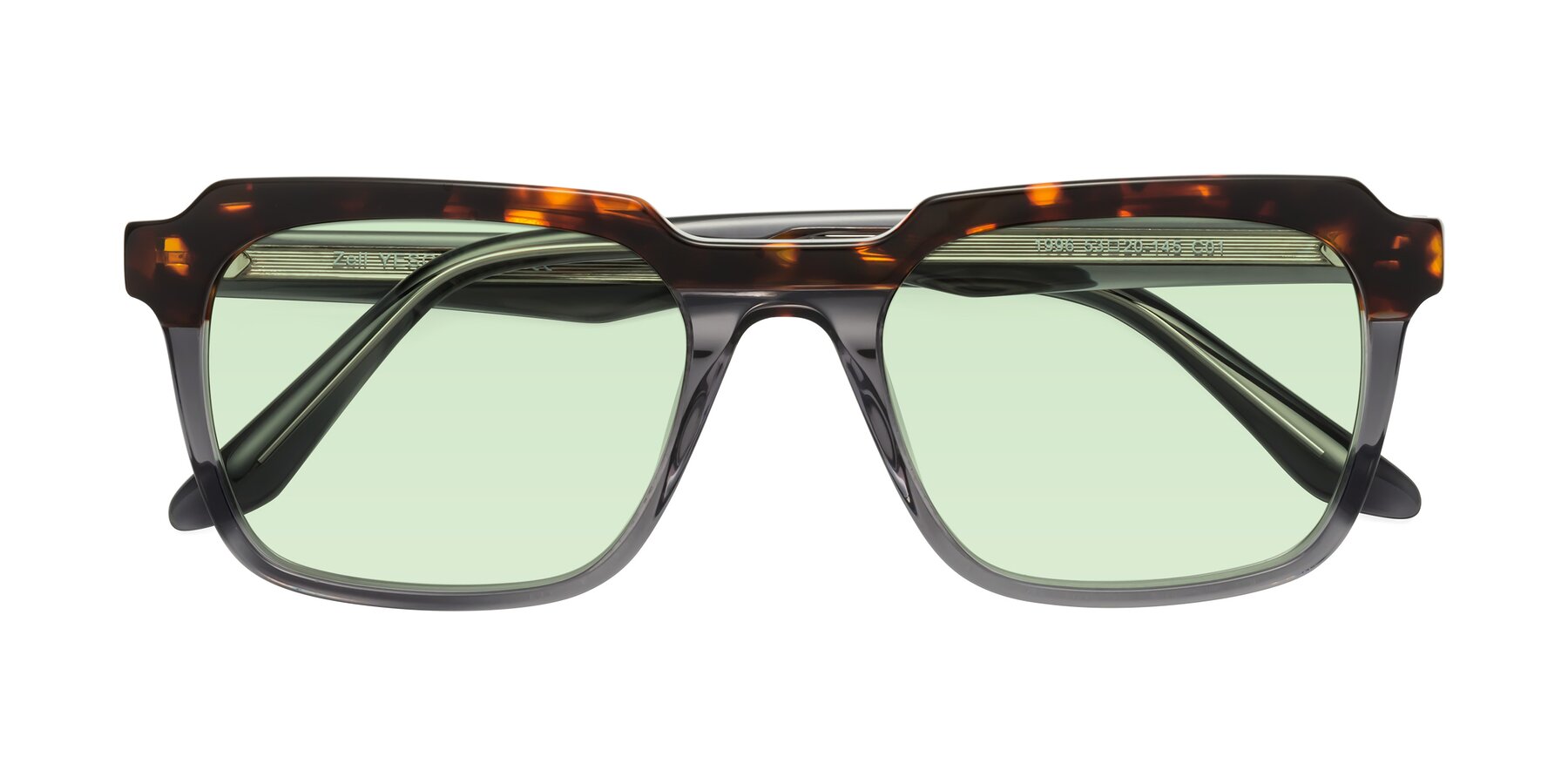 Folded Front of Zell in Tortoise/Gray with Light Green Tinted Lenses