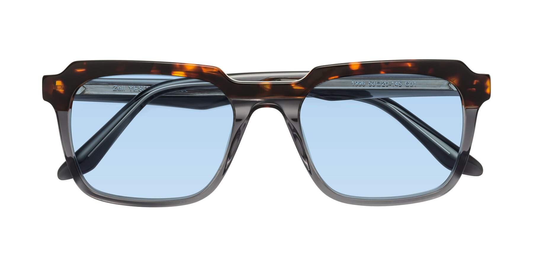 Folded Front of Zell in Tortoise/Gray with Light Blue Tinted Lenses