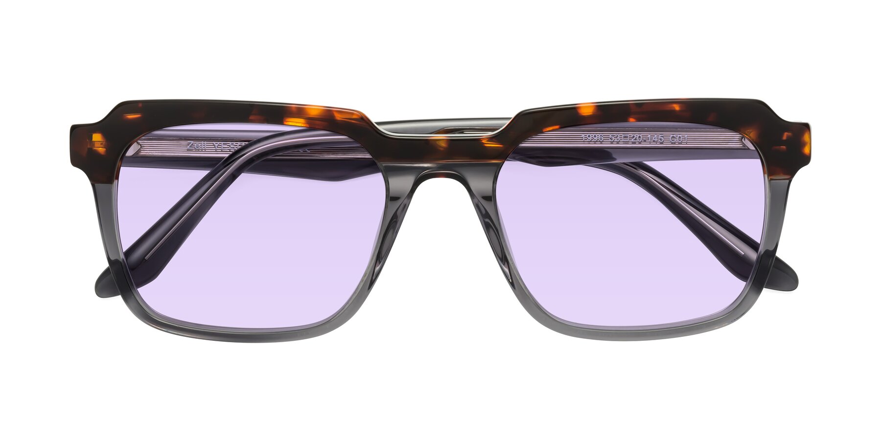 Folded Front of Zell in Tortoise/Gray with Light Purple Tinted Lenses