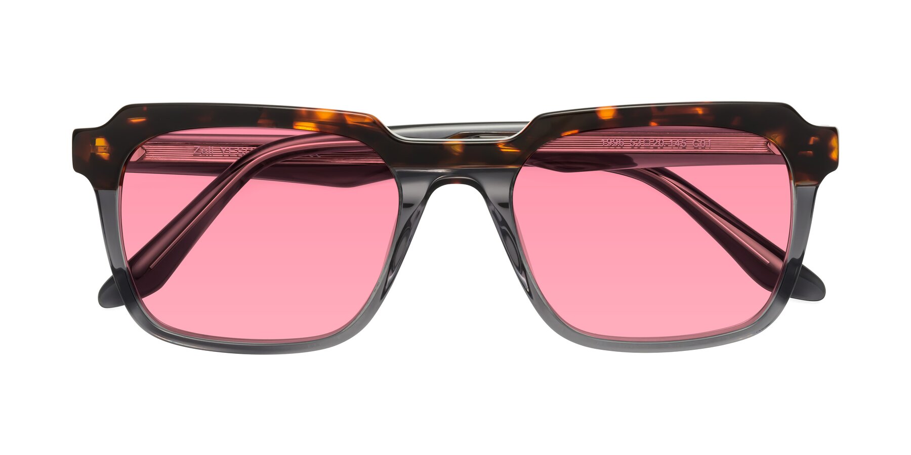 Folded Front of Zell in Tortoise/Gray with Pink Tinted Lenses