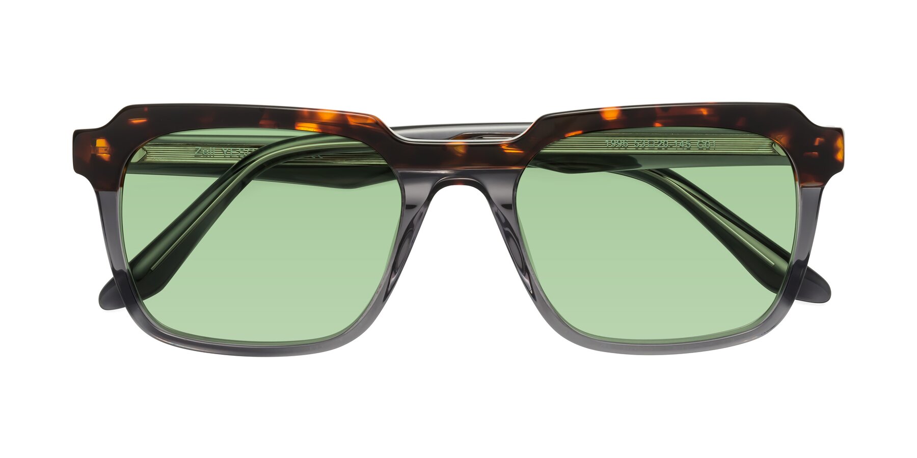 Folded Front of Zell in Tortoise/Gray with Medium Green Tinted Lenses