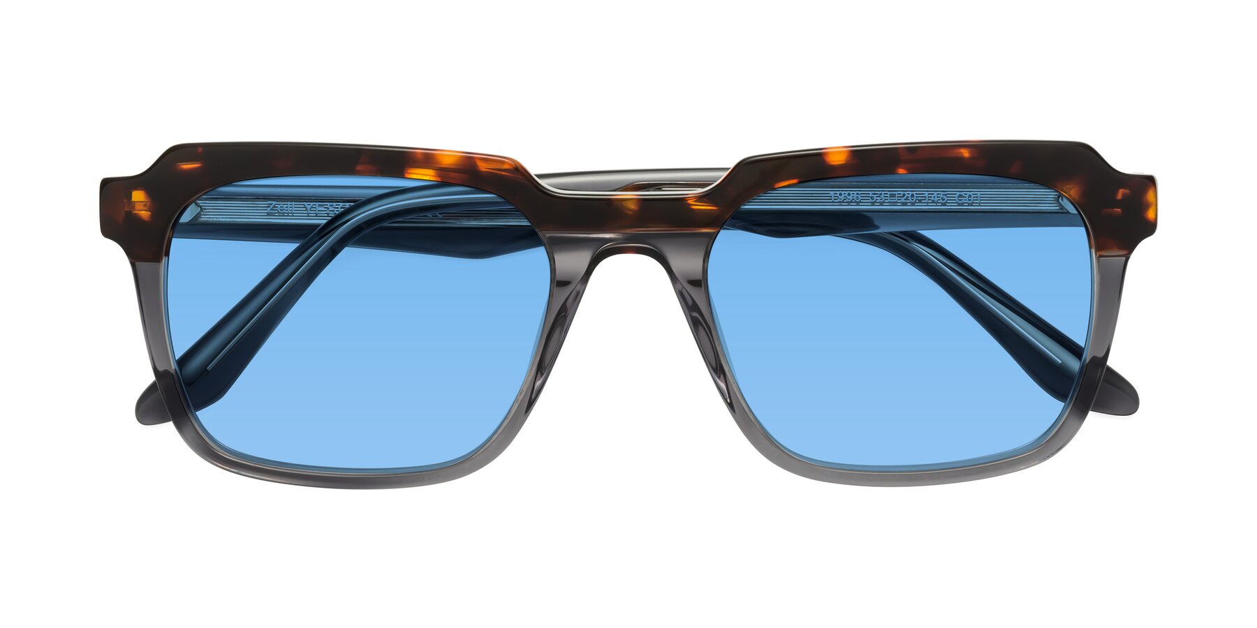 Folded Front of Zell in Tortoise/Gray with Medium Blue Tinted Lenses