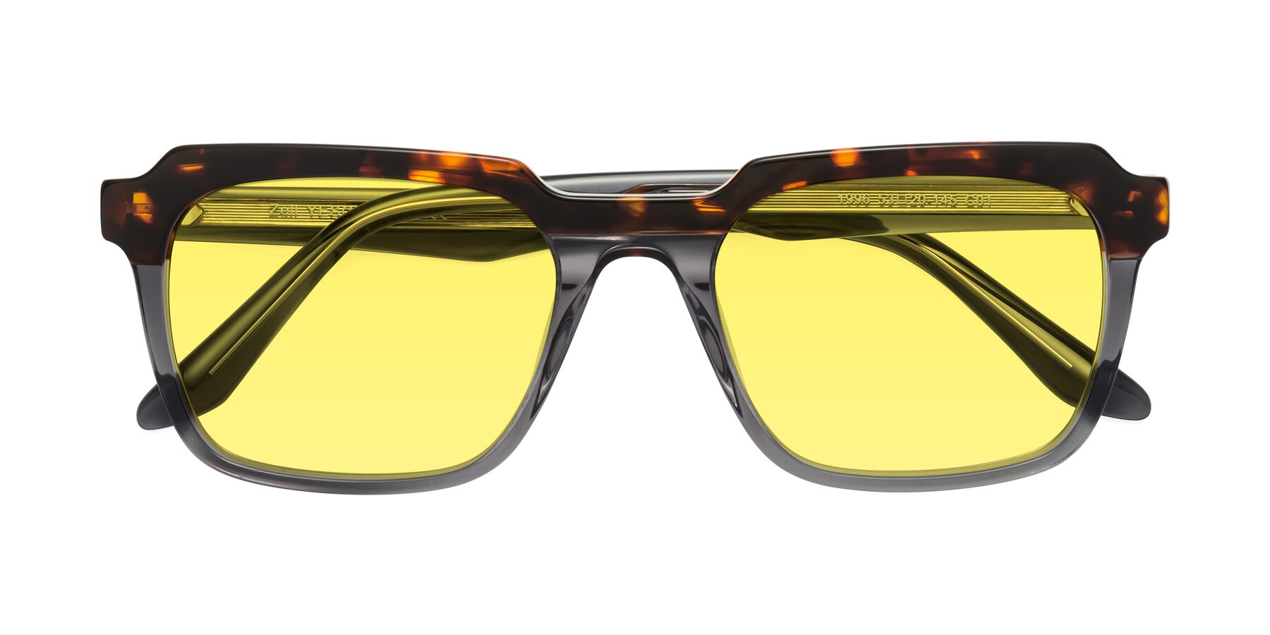 Folded Front of Zell in Tortoise/Gray with Medium Yellow Tinted Lenses
