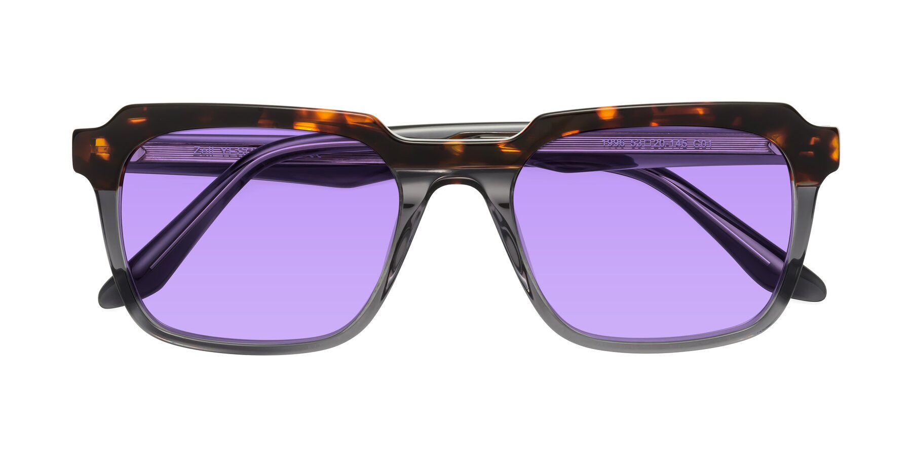 Folded Front of Zell in Tortoise/Gray with Medium Purple Tinted Lenses