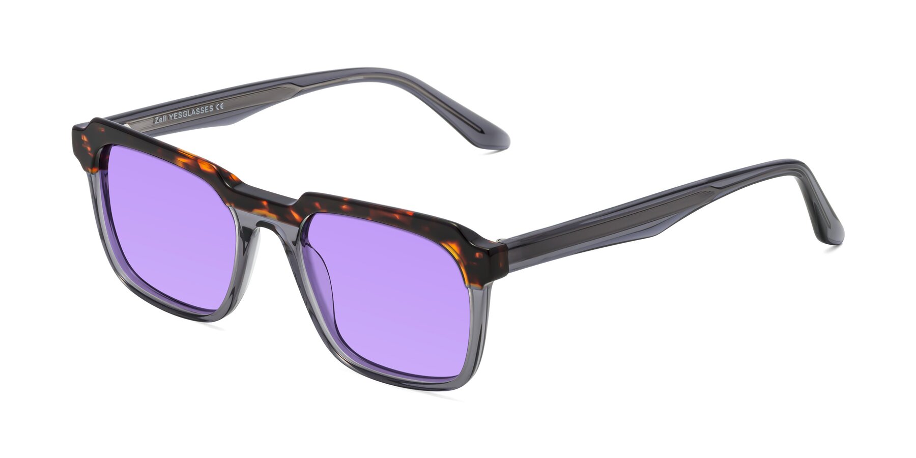 Angle of Zell in Tortoise/Gray with Medium Purple Tinted Lenses