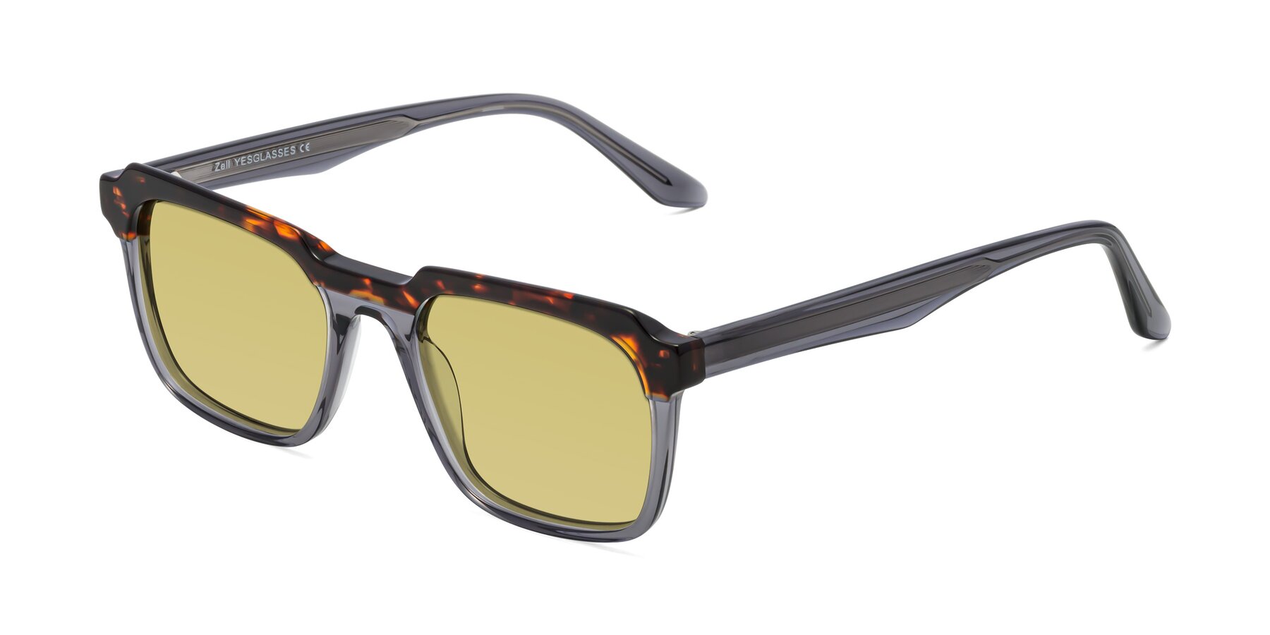 Angle of Zell in Tortoise/Gray with Medium Champagne Tinted Lenses