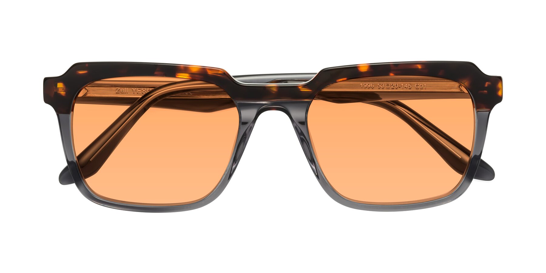 Folded Front of Zell in Tortoise/Gray with Medium Orange Tinted Lenses