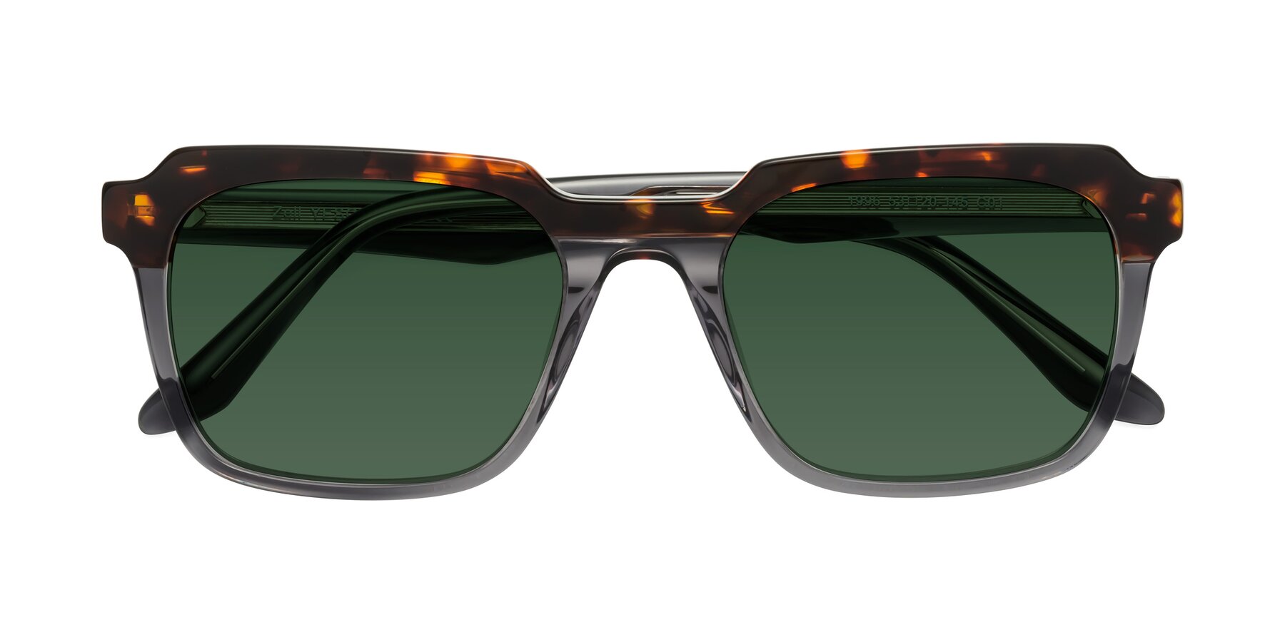 Folded Front of Zell in Tortoise/Gray with Green Tinted Lenses