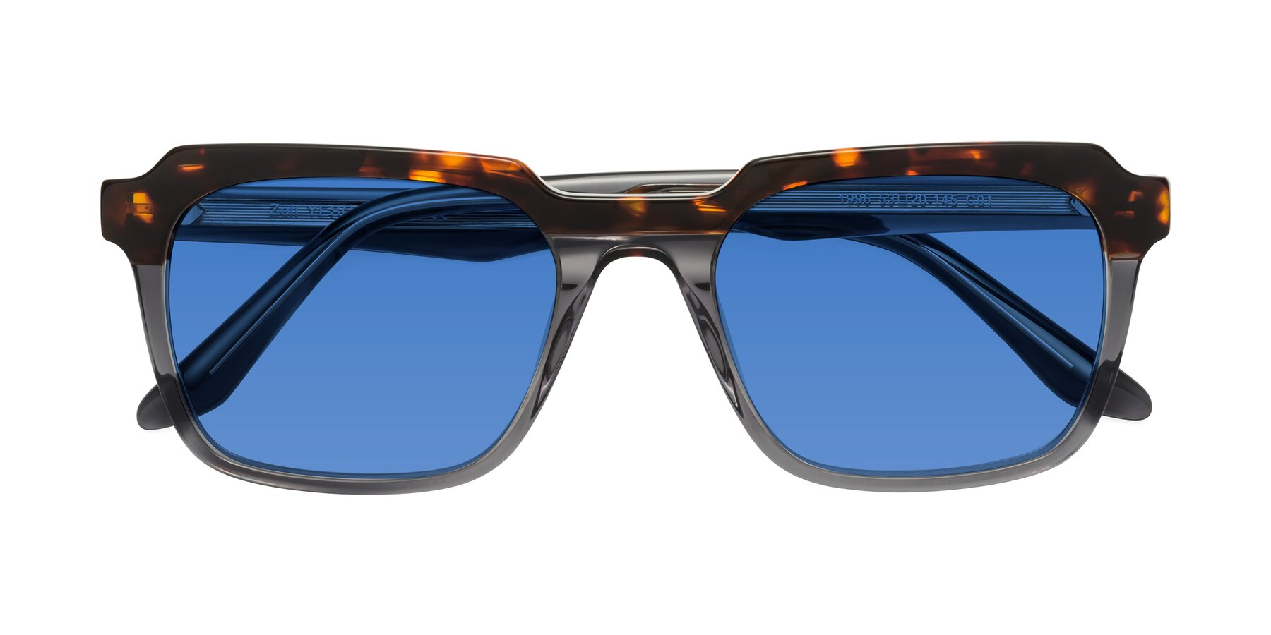 Folded Front of Zell in Tortoise/Gray with Blue Tinted Lenses