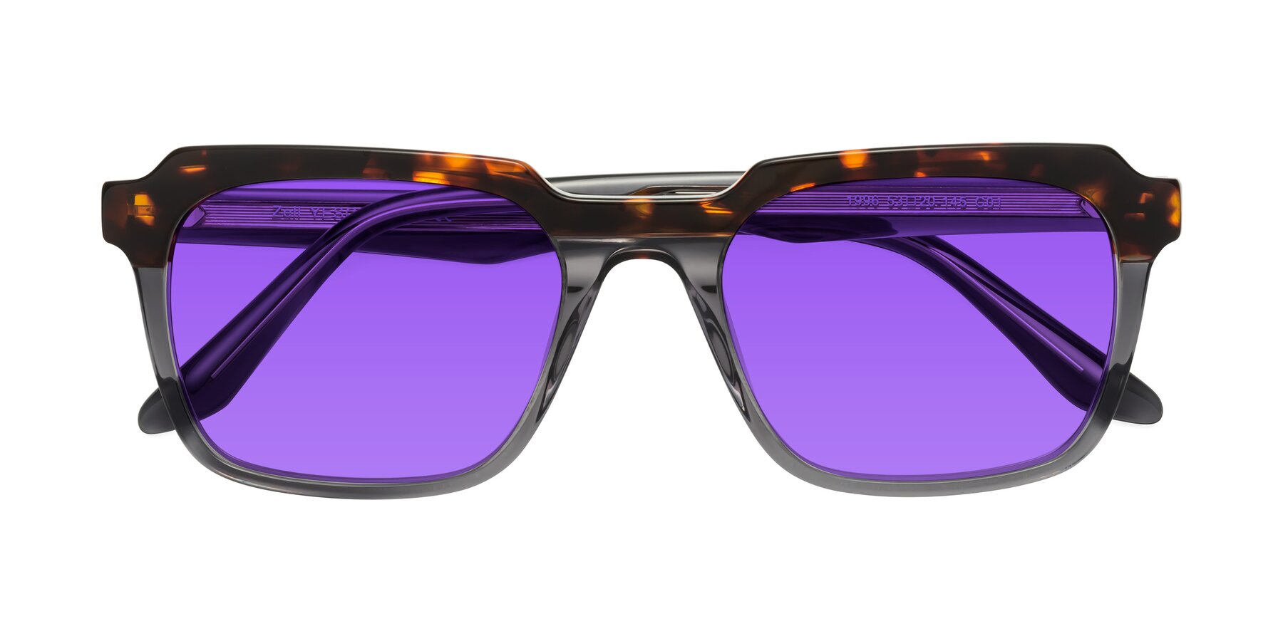 Folded Front of Zell in Tortoise/Gray with Purple Tinted Lenses