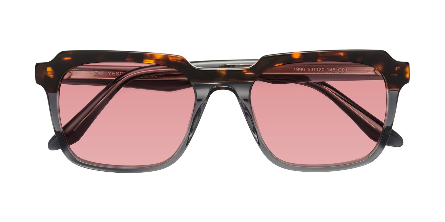 Folded Front of Zell in Tortoise/Gray with Medium Garnet Tinted Lenses