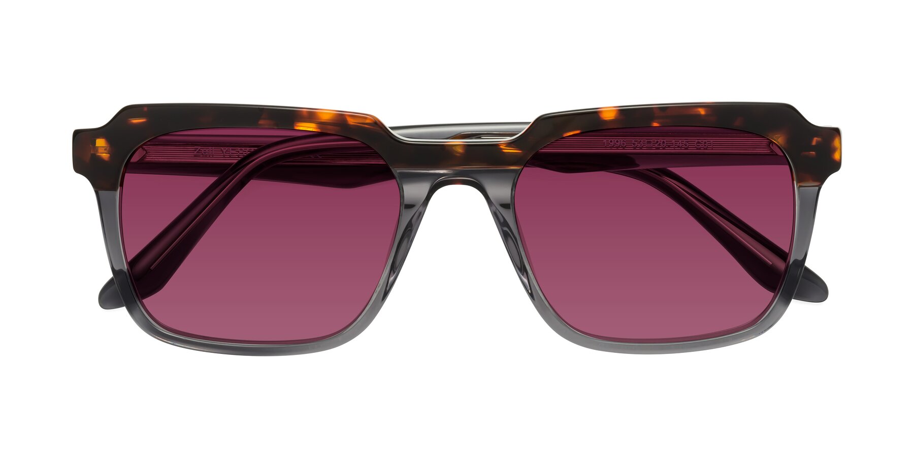 Folded Front of Zell in Tortoise/Gray with Wine Tinted Lenses