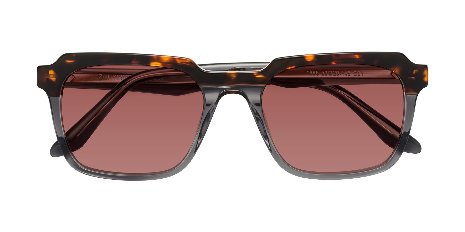 Folded Front of Zell in Tortoise/Gray with Garnet Tinted Lenses