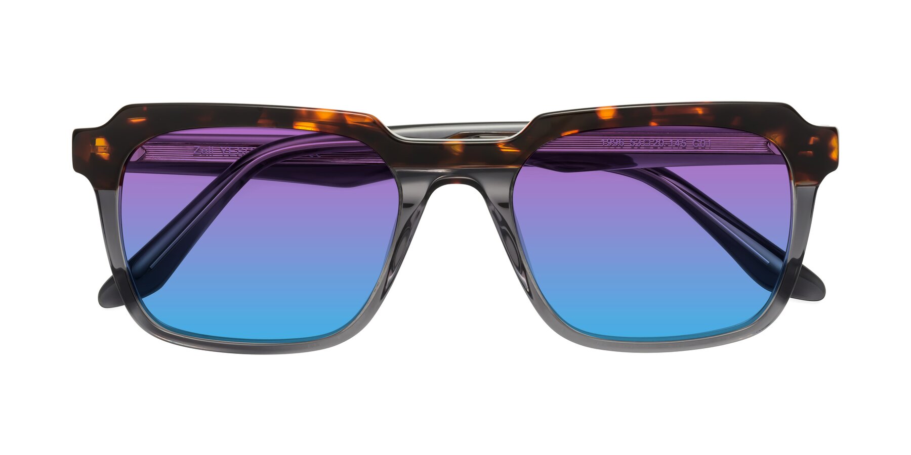 Folded Front of Zell in Tortoise/Gray with Purple / Blue Gradient Lenses