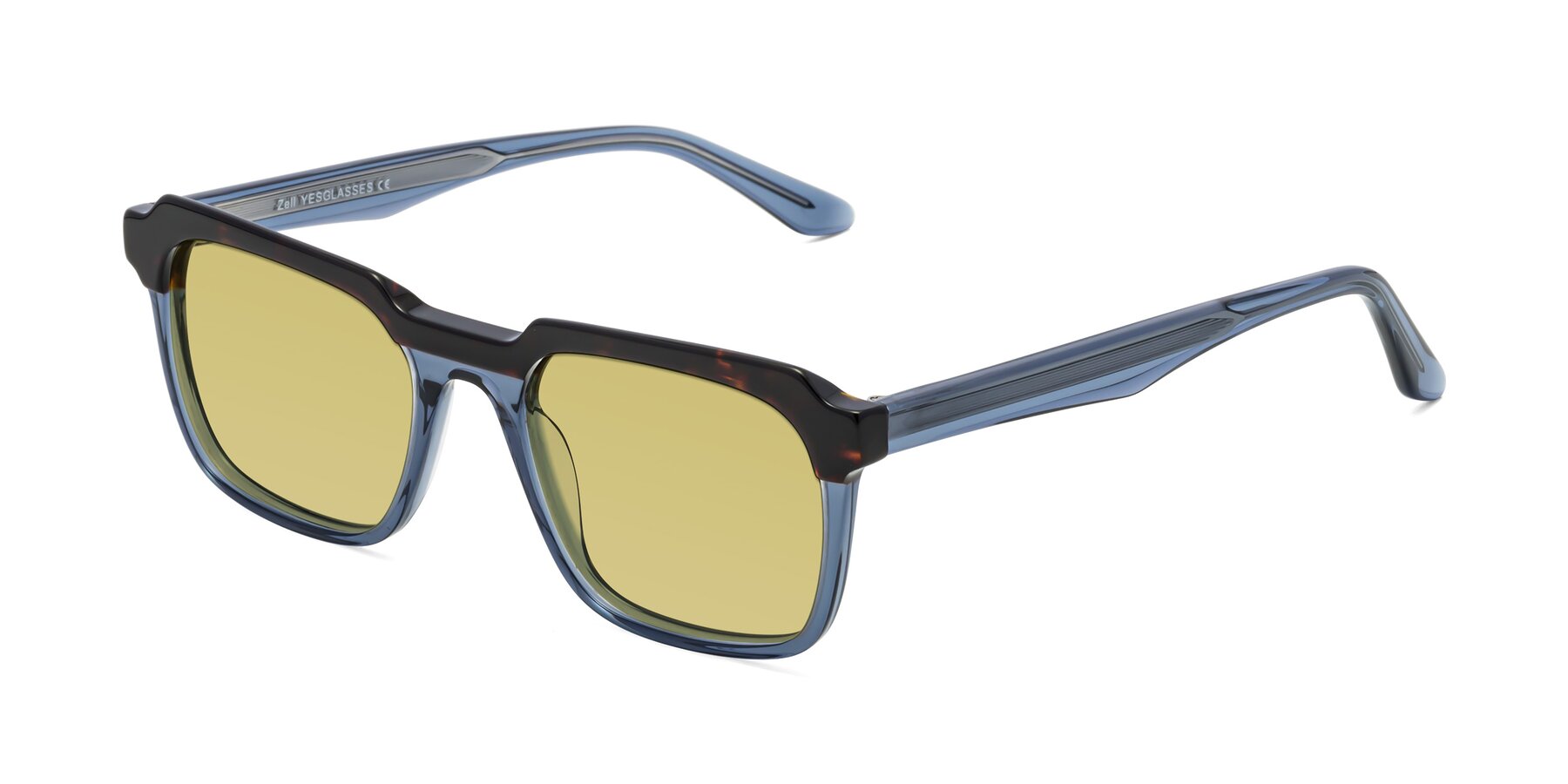 Angle of Zell in Tortoise-Blue with Medium Champagne Tinted Lenses