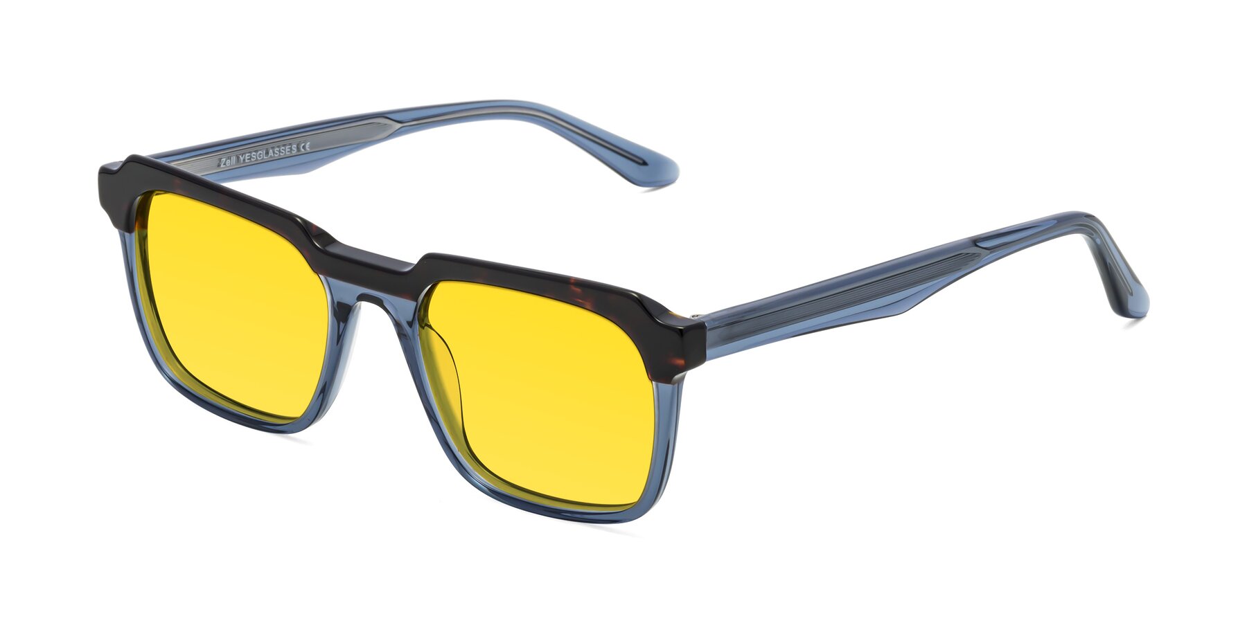 Angle of Zell in Tortoise-Blue with Yellow Tinted Lenses