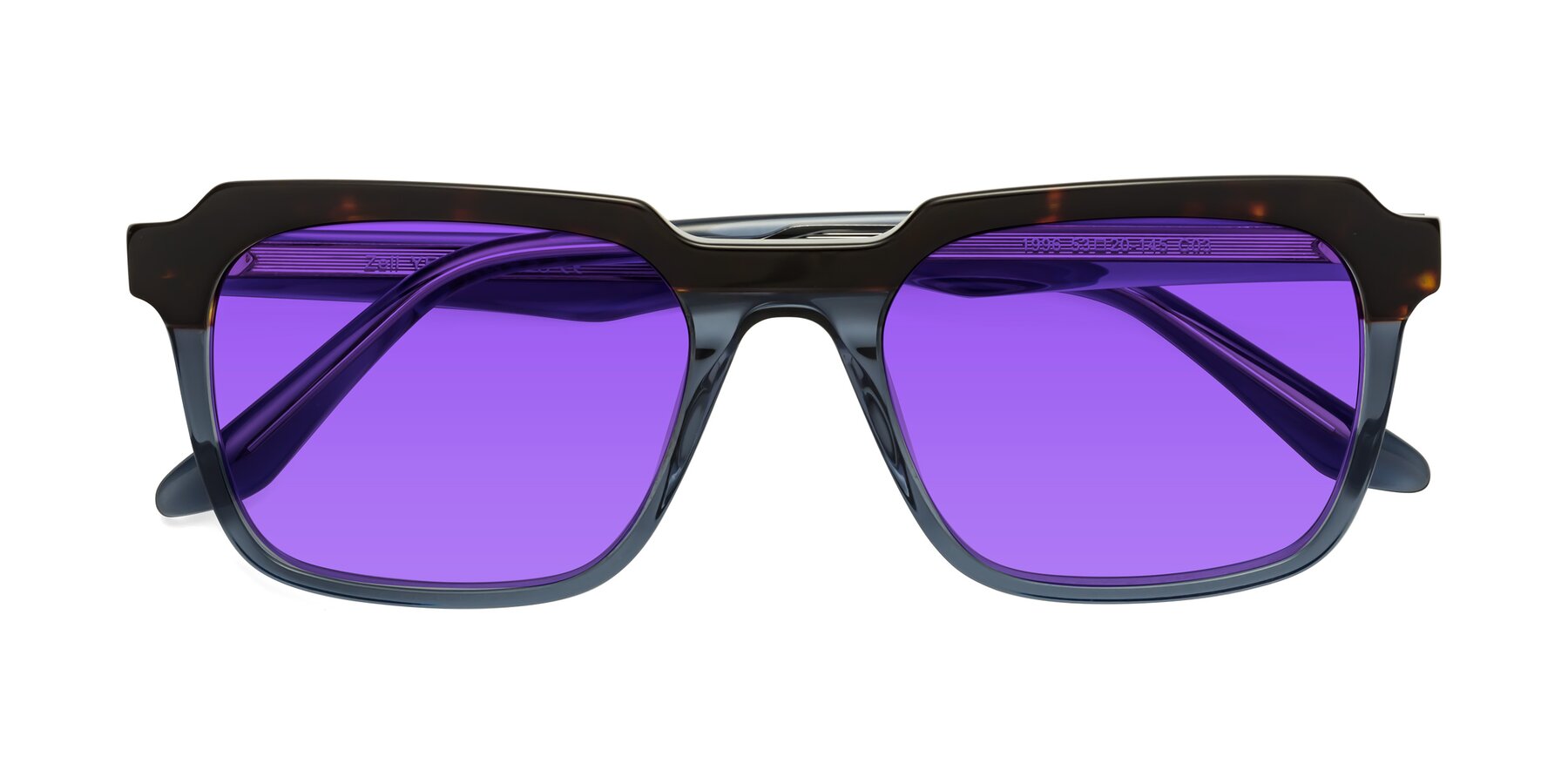 Folded Front of Zell in Tortoise-Blue with Purple Tinted Lenses