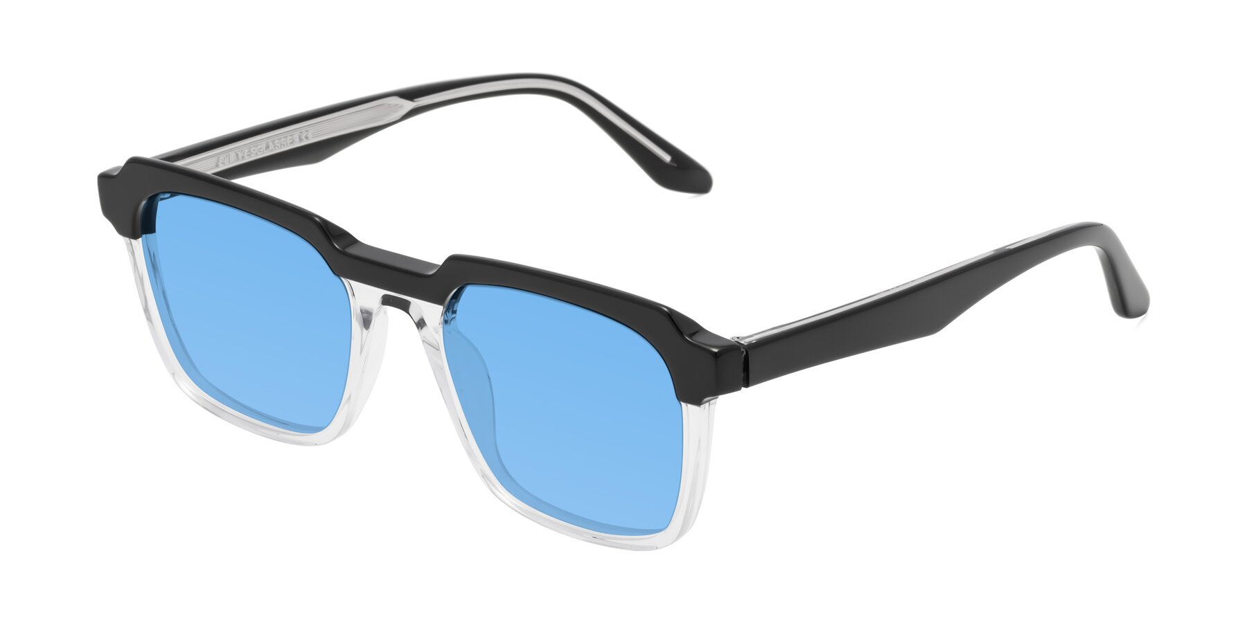 Angle of Zell in Black-Clear with Medium Blue Tinted Lenses